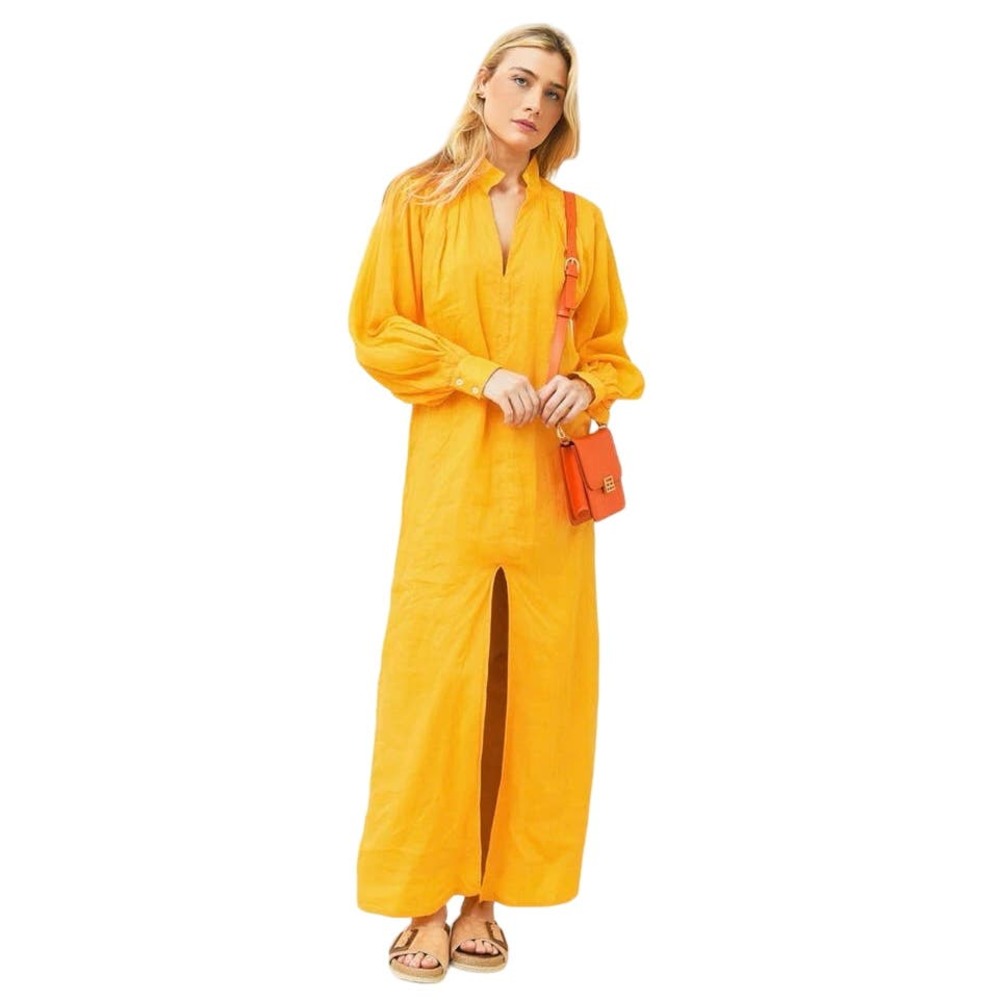Frame Pleated Long-Sleeve Kaftan Maxi Dress in Yellow Orange Womens Small